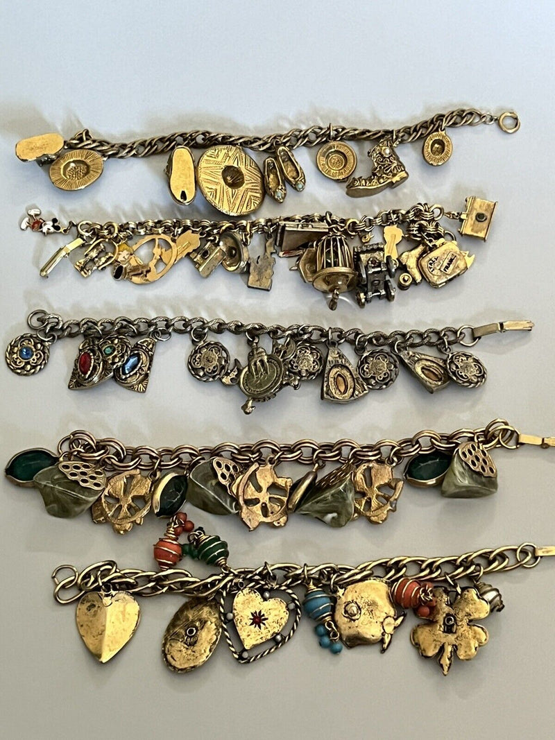 Vintage Gold Tone Charm Statement Bracelets Lot Of 5~ Lots Of Charms!