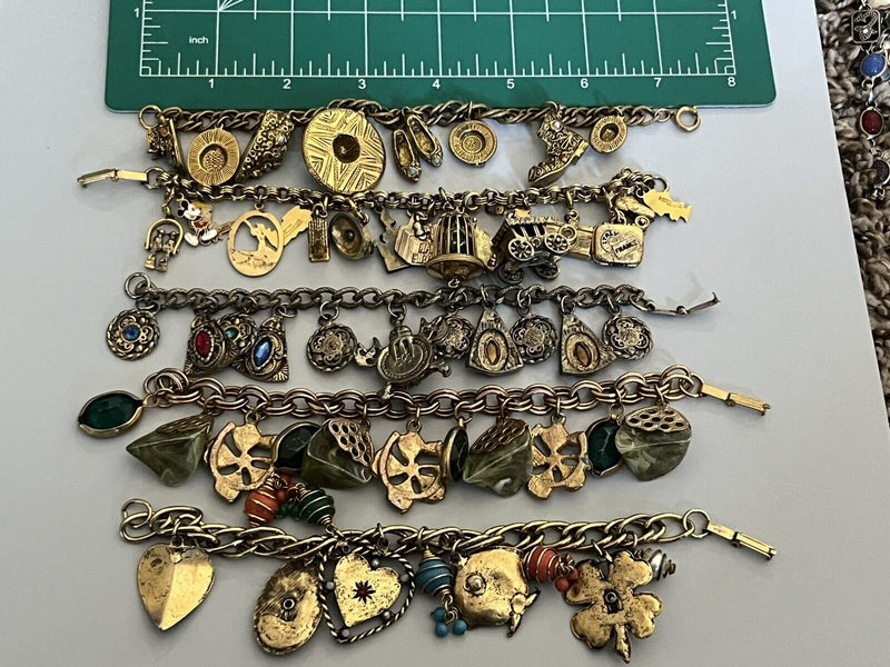 Vintage Gold Tone Charm Statement Bracelets Lot Of 5~ Lots Of Charms!