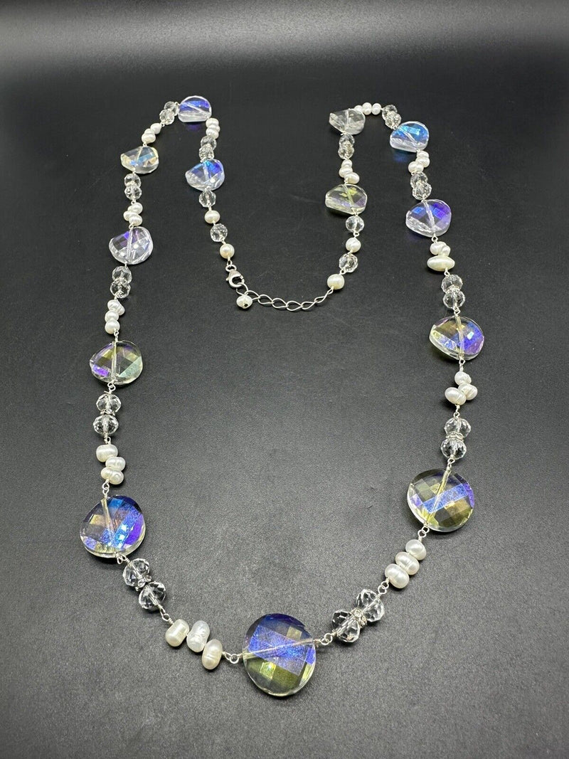 Sterling Silver Faceted Aurora Borealis Crystal Glass Pearl Necklace 36”