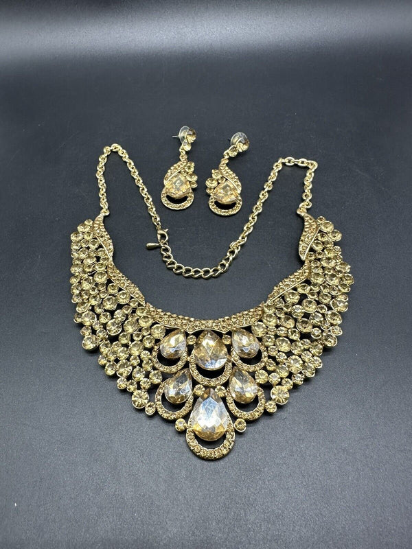 Vintage Statement Bridal Wedding Party Crystal Necklace Earrings Jewelry Set 17”