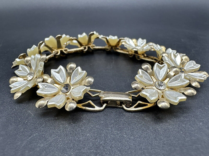 Vintage Thermoplastic  Gold Tone Bracelet White Flower with Crystals 7”