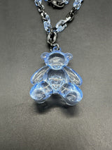 Acrylic Cable Link Chain Crystal Bear Pendant Necklace 17” Long Black & Blue