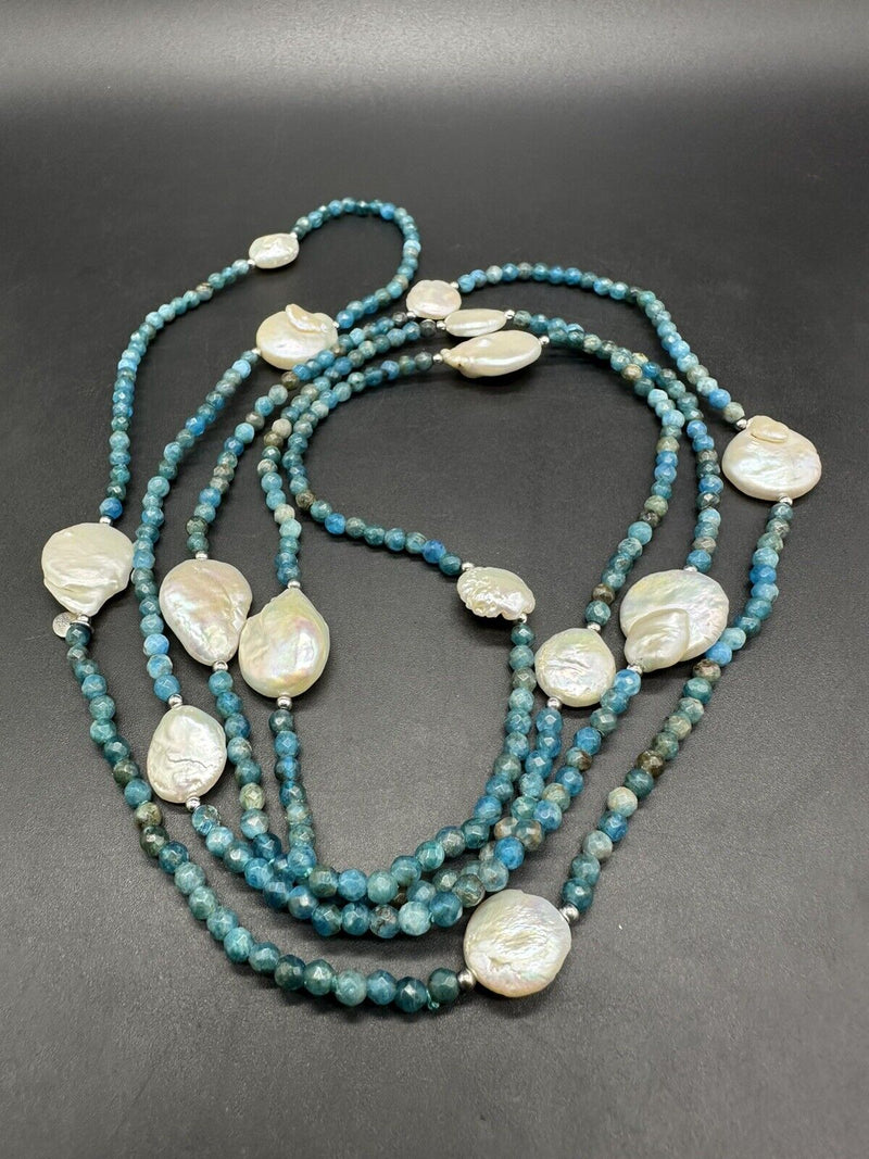 Luc Cn 925 Coin Pearl Stone Bead Long Necklace 58”