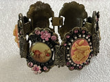 Antique Victorian Porcelain Rhinestone Floral Link Panel Bracelet 7.5”~Highend~