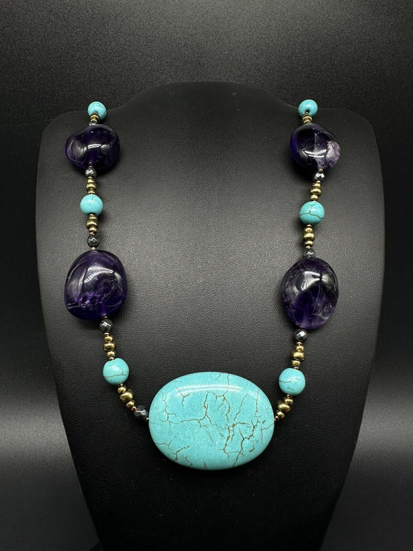 925 Amethyst and Turquoise Gemstone Necklace 36”