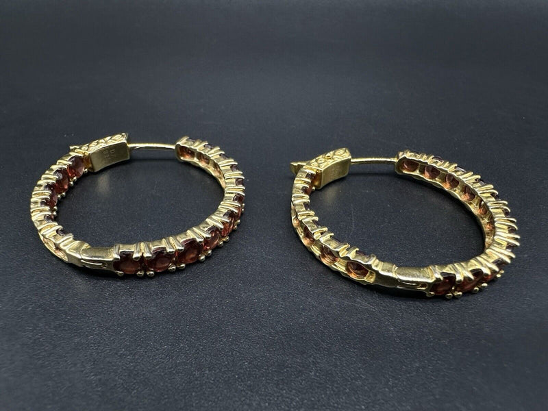 Round Cut Lab Created Garnet Hoop Earrings Sterling Silver Yellow Gold Plated