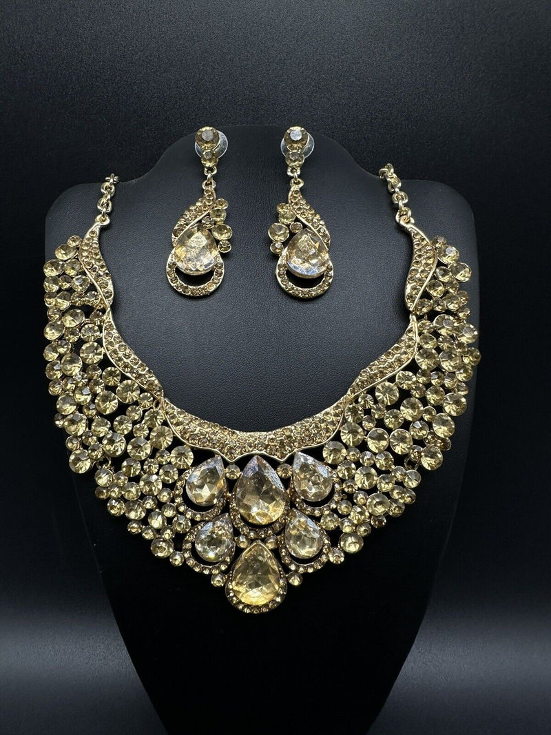 Vintage Statement Bridal Wedding Party Crystal Necklace Earrings Jewelry Set 17”