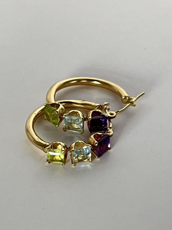 14k Solid Yellow Gold Rainbow Multi Gemstone Hoop Earrings 20mm ~1.8g~