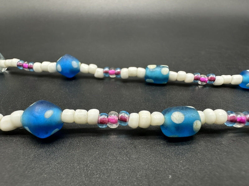 Vintage Art Glass Bead 20” Necklace~Blue White