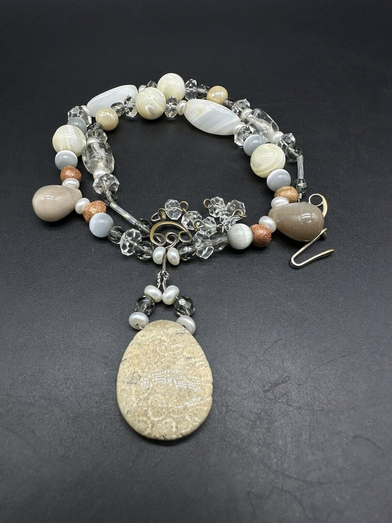 Stone Statement Beaded Necklace Handmade 20”