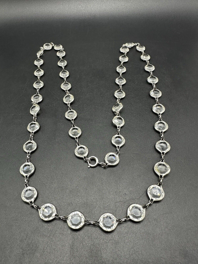 Vintage Silver Tone Crystal Bezel Germany Necklace 36”