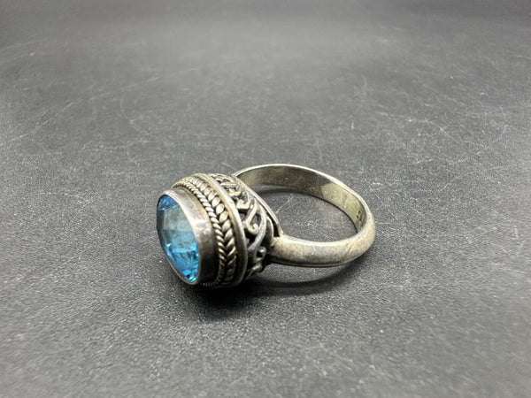 Vintage Sarda Sterling Silver Faceted Blue Topaz Stone Ring Antique Sz 6