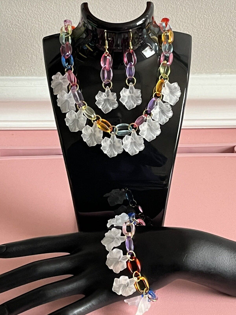 Fun Acrylic Statement Necklace Bracelet & Earrings Handmade Jewelry Set 15”