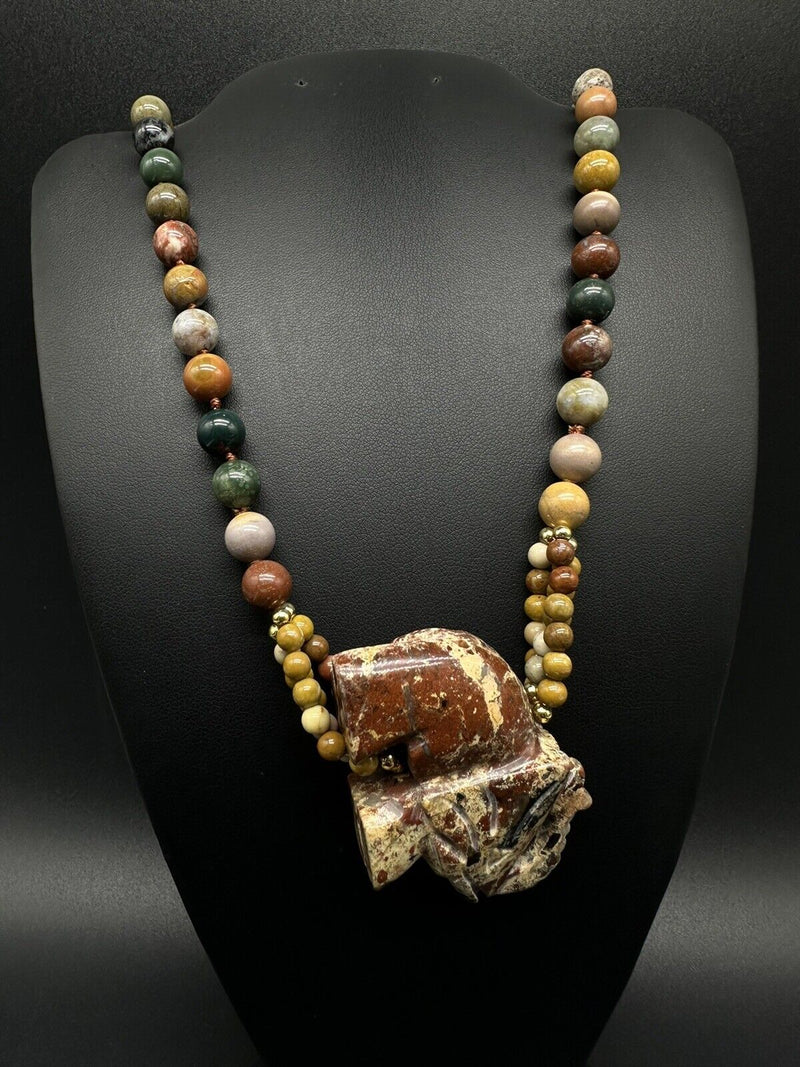 Elephant Pendant Multi Color Round Beads Agate 28” Long Necklace