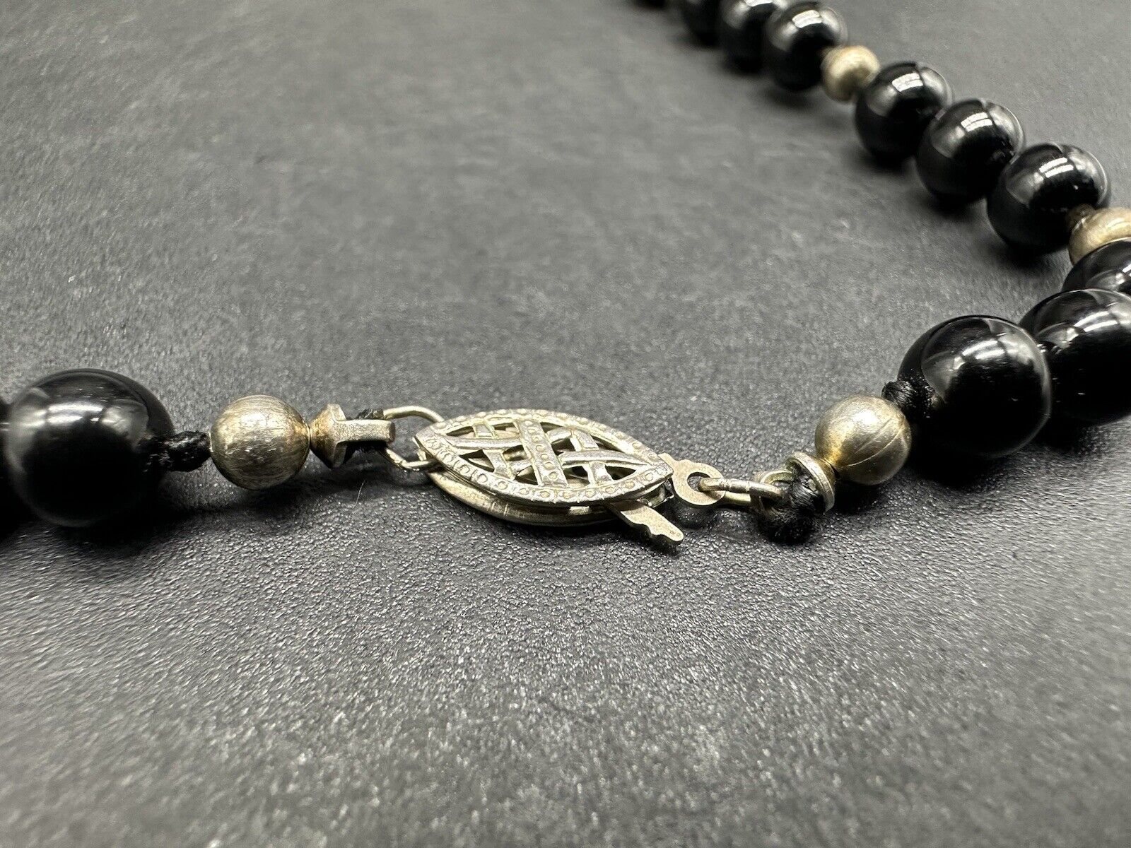 Sterling Silver Onyx Bead Necklace Knotted Vintage 20”
