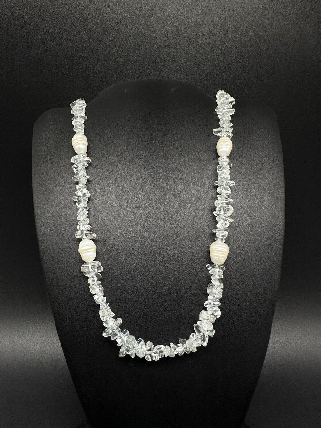 Vintage Crystal Rock Genuine Baroque Pearl Sterling Silver Necklace 19”