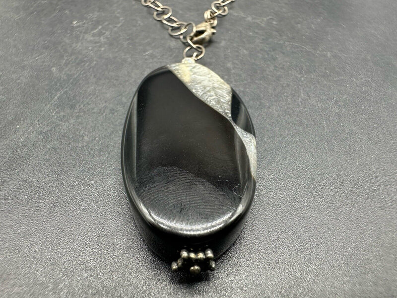 VTG 925 Sterling Silver Black Gemstone Pendant Necklace 22”