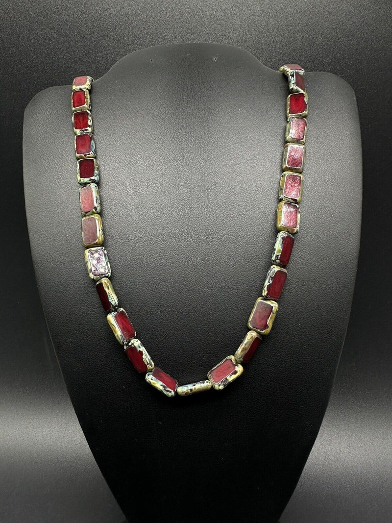 Stone Silver Tone Statement Toggle Necklace Red Links 18” 29Gs