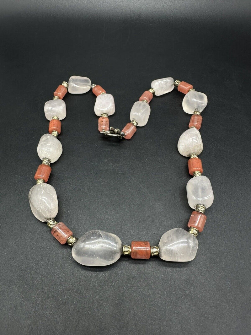 Rose Quartz Gemstone Sterling Silver Beads Necklace, 20”