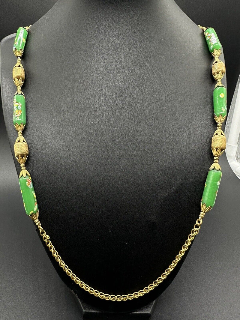 Vtge MIRIAM HASKELL Poured Green Glass Beads FLAPPER Chain NECKLACE 31”