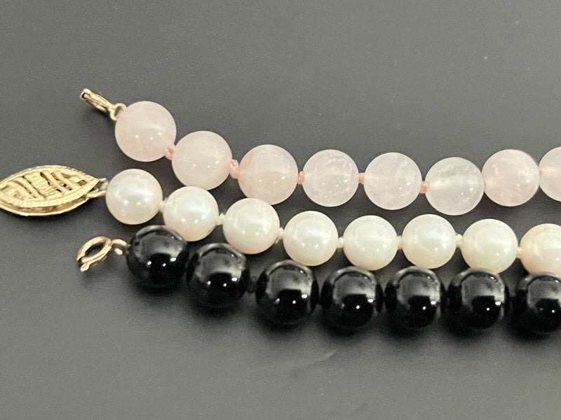 14k Gemstone Jewelry Pearls Rose Quartz Tourmaline Stone Bracelet Pendant Lot 7”