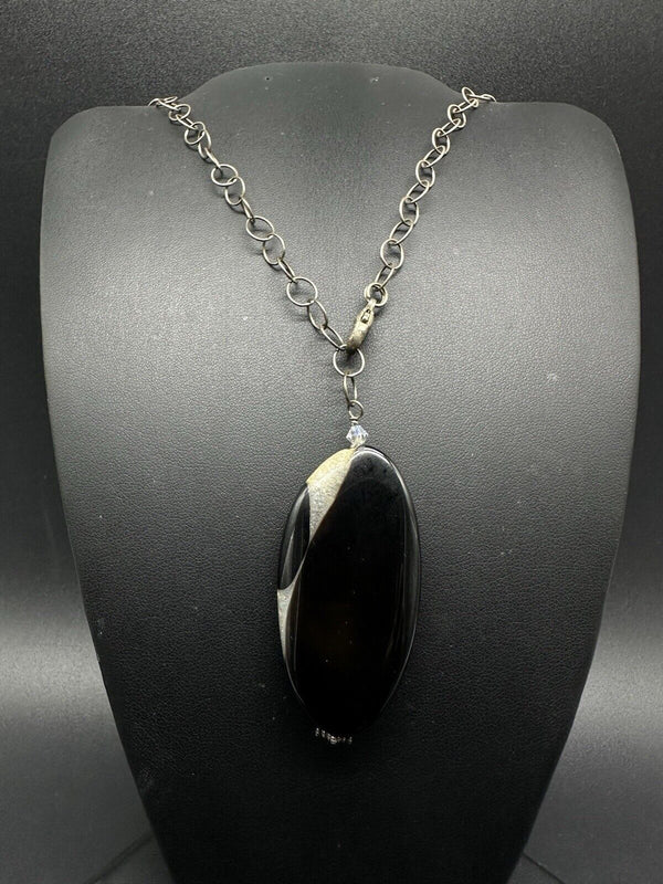 VTG 925 Sterling Silver Black Gemstone Pendant Necklace 22”