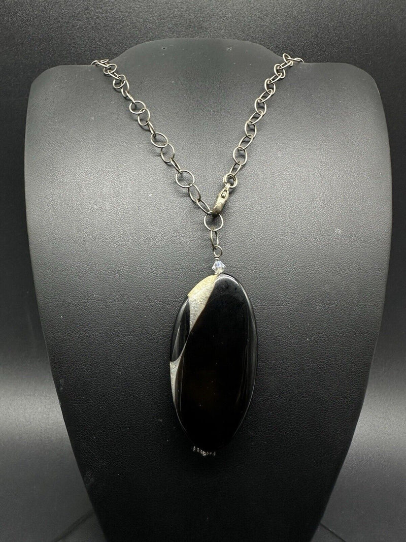 VTG 925 Sterling Silver Black Gemstone Pendant Necklace 22”