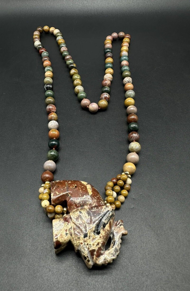 Elephant Pendant Multi Color Round Beads Agate 28” Long Necklace