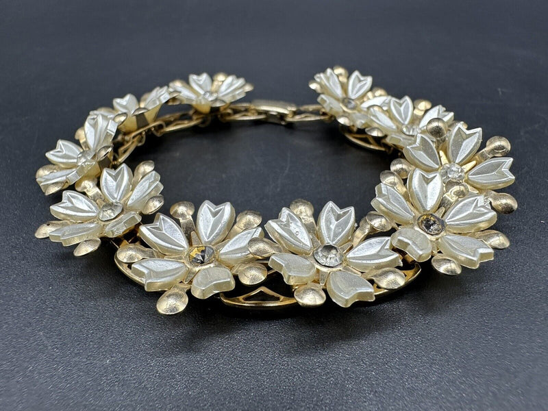 Vintage Thermoplastic  Gold Tone Bracelet White Flower with Crystals 7”