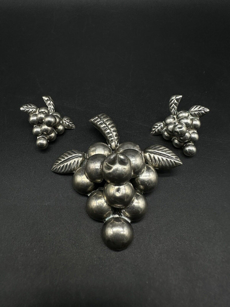 Vintage Mexico Taxco Sterling Silver Grapes Brooch & Earrings~Few Dents Present