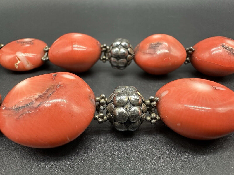 Pink Bamboo Coral Chunky Sterling Silver Bead Necklace 18”