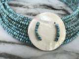 Mother Of Pearl Faux  Turquoise Seed  Memory Wire Flex Wrap Necklace 15” Long