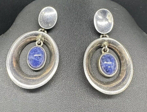 Taxco Mexican Blue Lapis Lazuli 925 Sterling Silver Earrings 1.75"