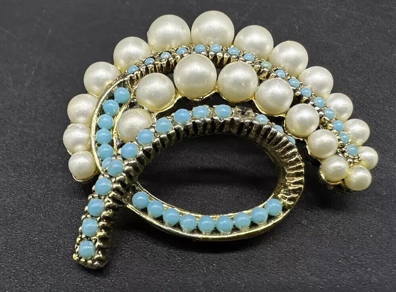 Vintage Gold Tone Faux Pearl and Turquoise Brooch Pin