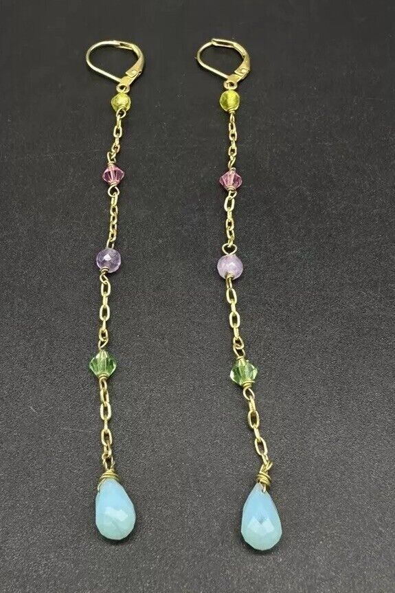 925 Vermeil Sterling Silver Goldtone Multi Gemstone Dangle Earrings 2.5” Long