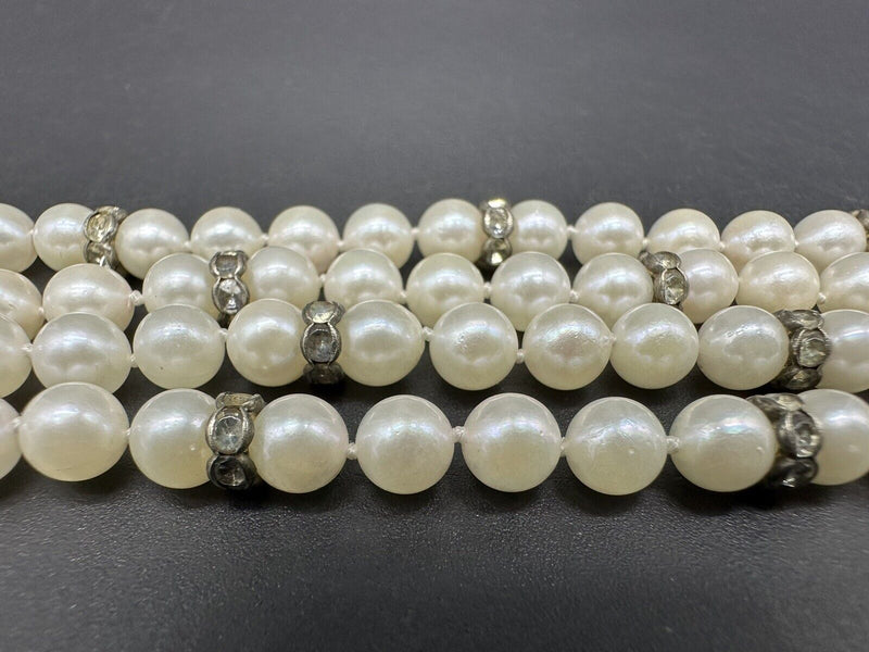 Vtg Double Strand Imitation Pearl Necklace Estate Jewelry Crystal Spacers 18”