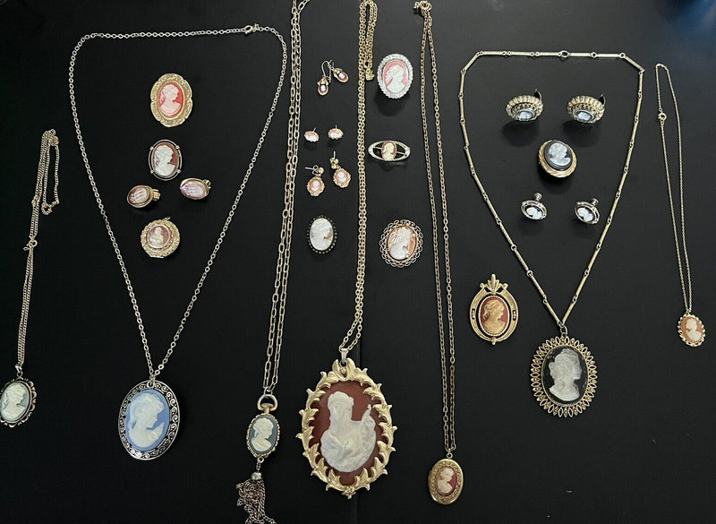 28 Piece Vintage and Modern Estate Cameo Mixed Style Costume Jewelry Lot