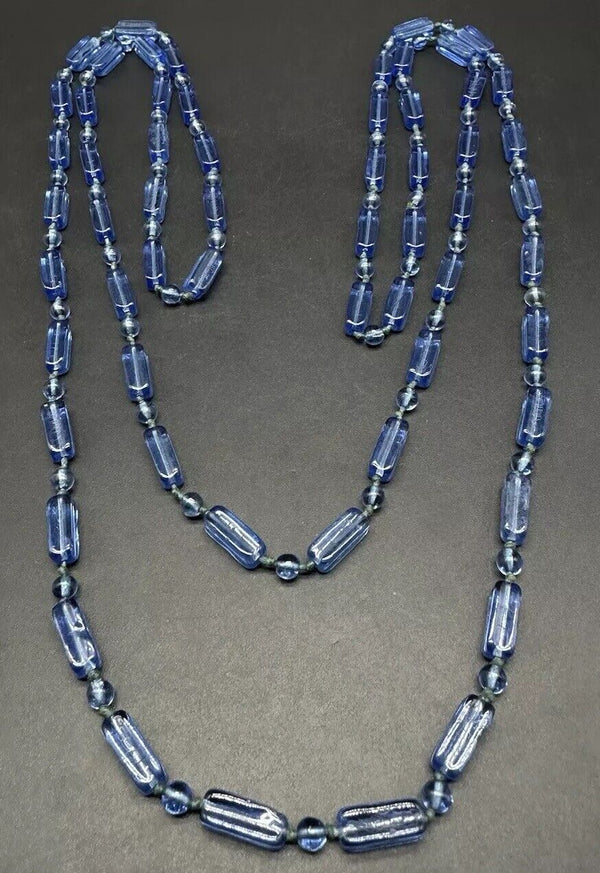 Vintage Extra Long Blue Art Glass Beads 60”Strand Handmade Women Necklace