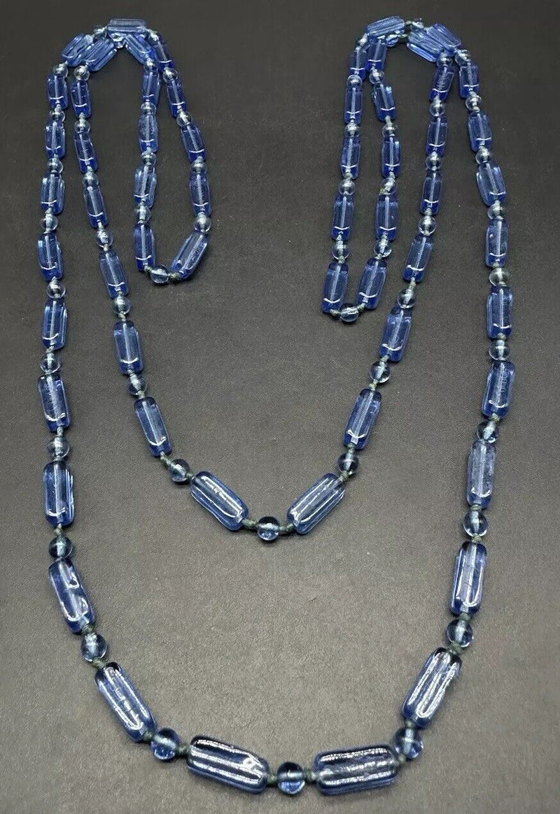 Vintage Extra Long Blue Art Glass Beads 60”Strand Handmade Women Necklace