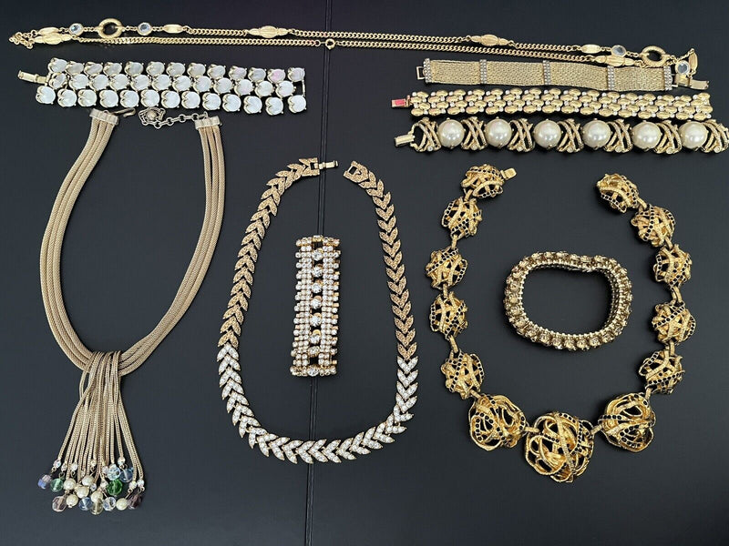 Vintage GOLD-TONE Rhinestone Runway Hi End Jewelry Lot Of 10