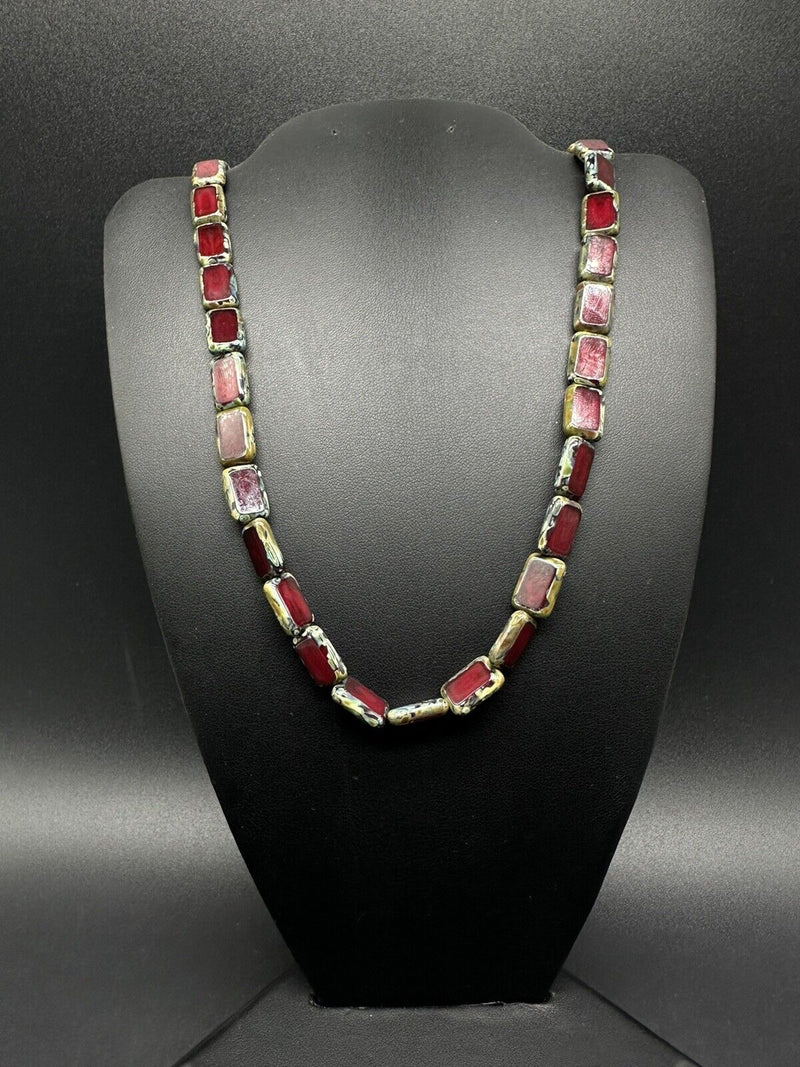 Stone Silver Tone Statement Toggle Necklace Red Links 18” 29Gs