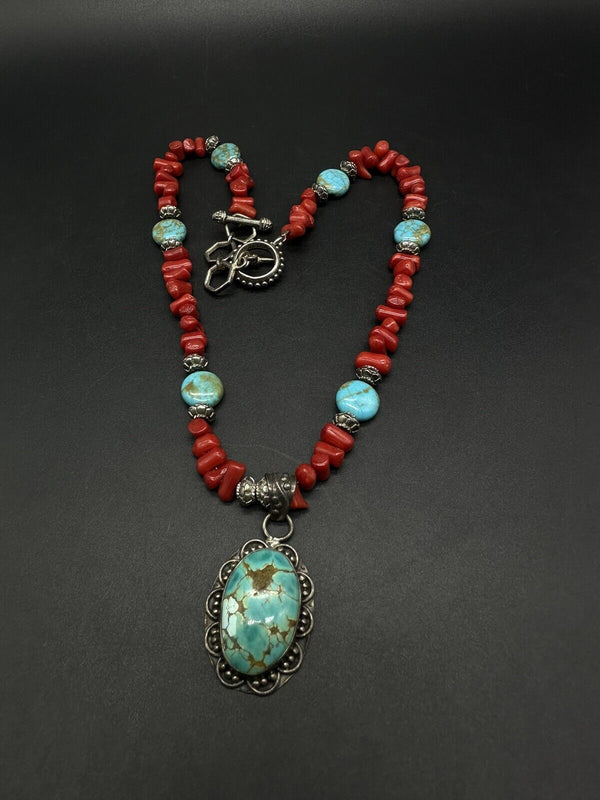 Coral & Turquoise Sterling Silver Stone Pendant  17” Necklace