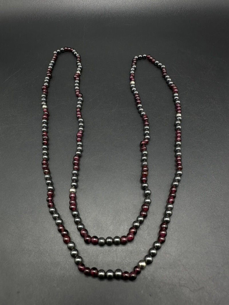 Vintage Garnet Hematite 4mm Beaded Necklace 30”