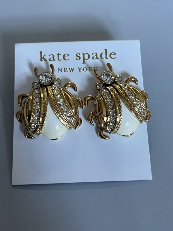 Kate Spade Ladybug Large Gold Filled Stud Earrings Cubic Zirconia NWT 1”