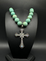 Chunky Faux Turquoise Beaded Cross Necklace 18”