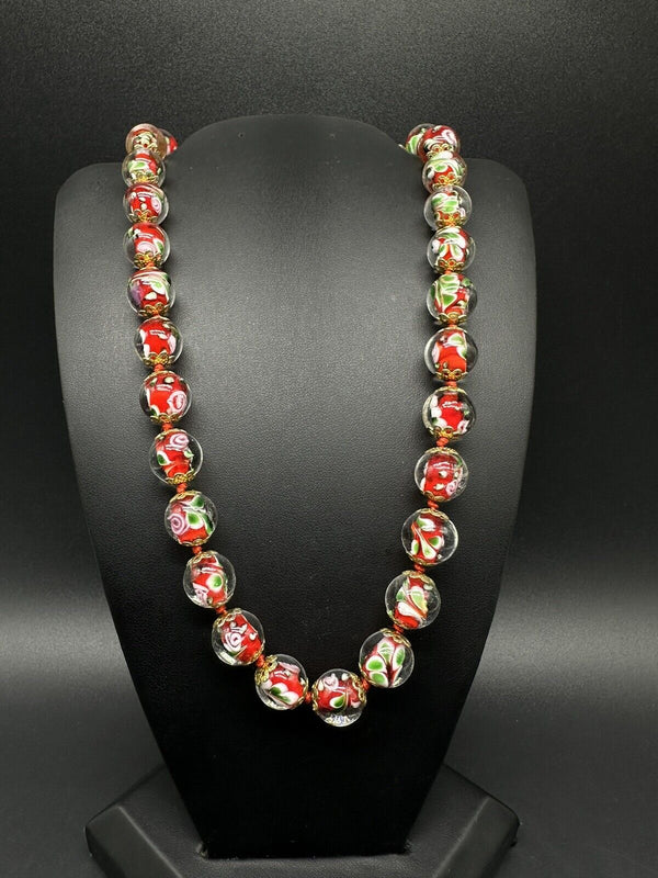 Vintage Murano Art Glass Knotted Bead Necklace 18” Long 12mm