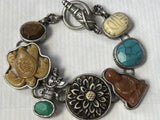 Vintage Carved Stone Link Bracelet w/Buddha Flower, Scarab, Turtle, Kachina 7”