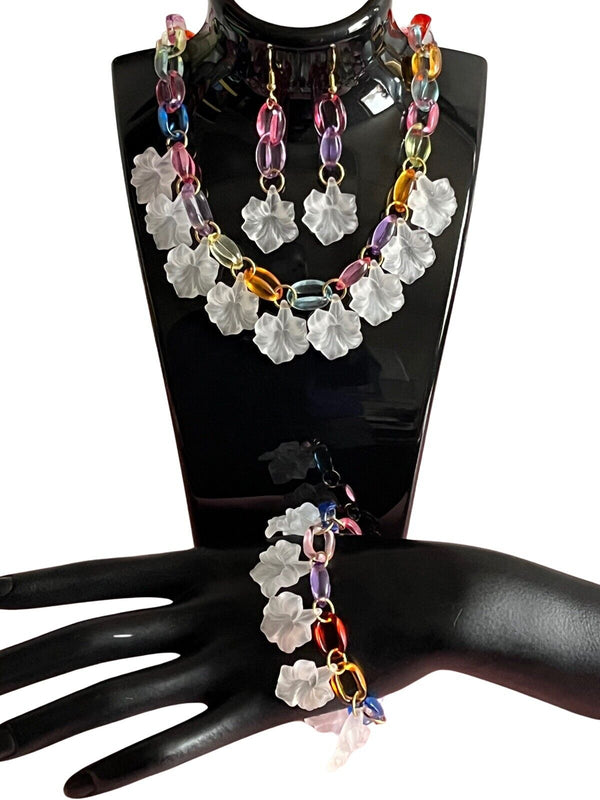 Fun Acrylic Statement Necklace Bracelet & Earrings Handmade Jewelry Set 15”