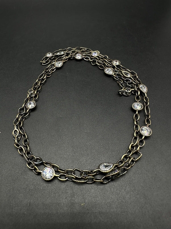 Black Gold Wash Sterling Silver Cubic Zirconia Bezel Link Necklace 36” 32Gs