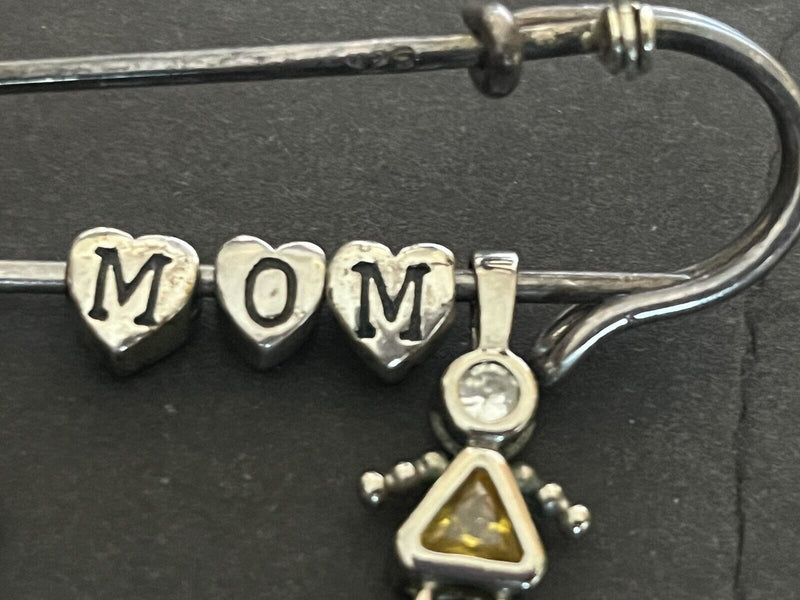 Vintage Large Sterling Silver Mom Charm Brooch~925 Safety Pin Dangle Kids Charms